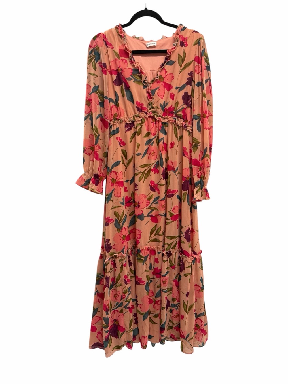 SHEIN Ruffle Long Sleeve Maxi Dress Floral Peach Pink Medium